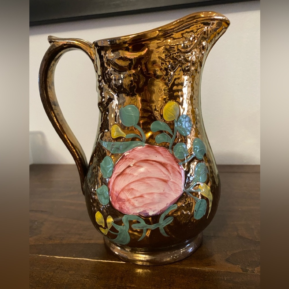 Vintage Hand-Painted Copper Lustre Pitcher – Floral Cottagecore